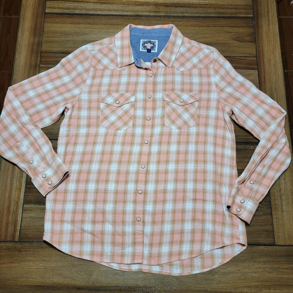 Desert Son Flag & Anthem Ladies Peach Plaid Pearl Snap Western Shirt - Medium